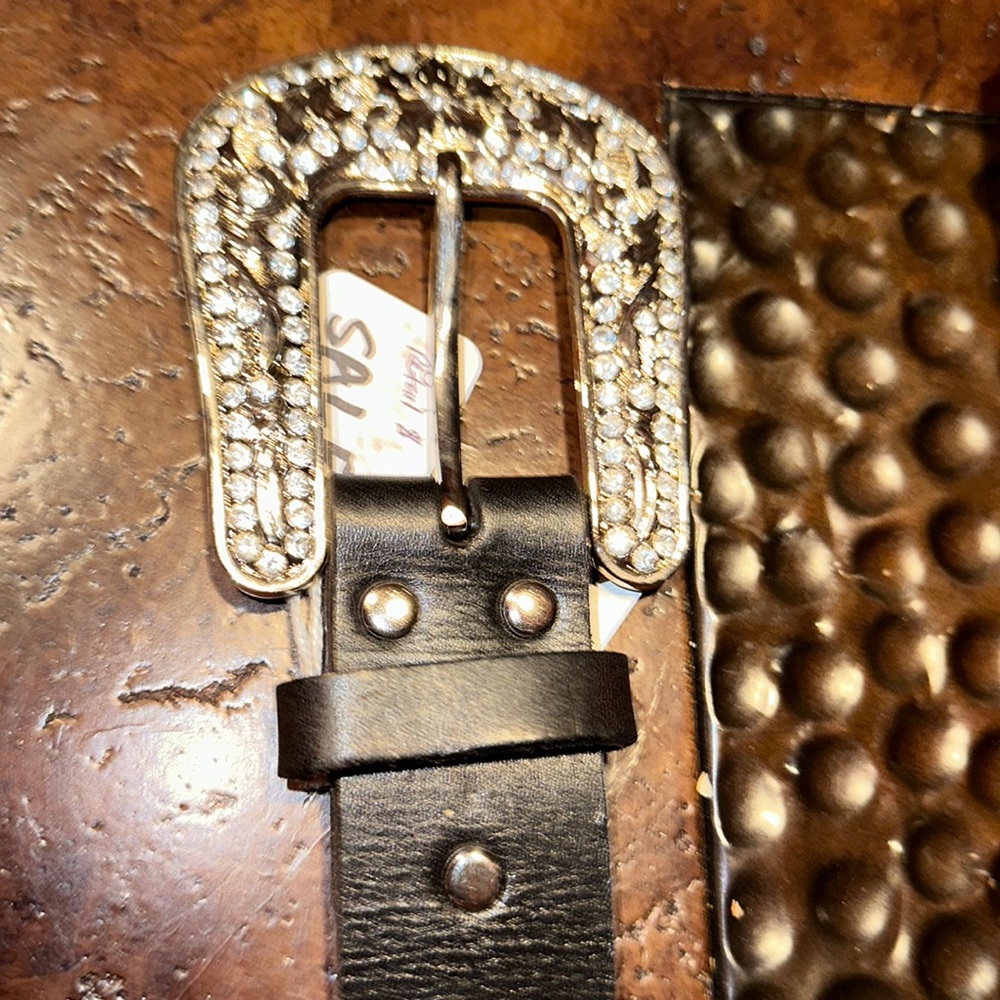 Leather belt with rhinestone buckle unique Navajo design with Conchos